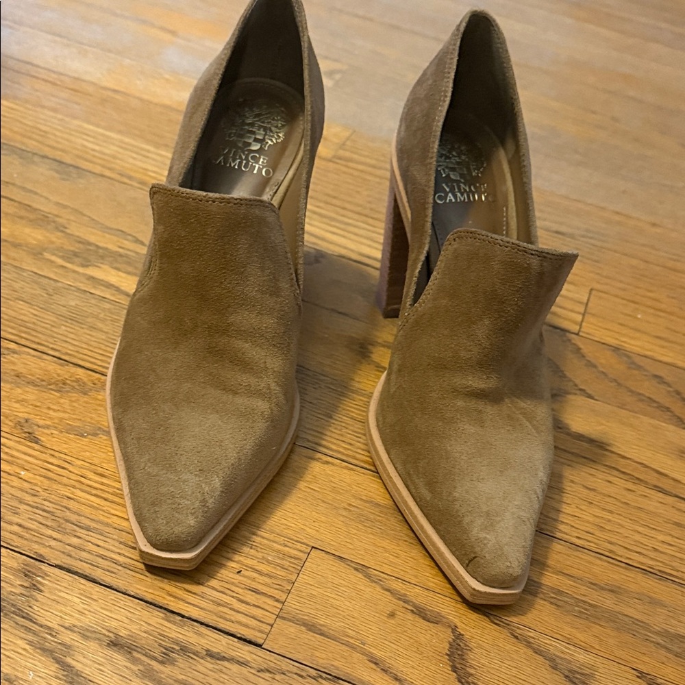 Vince Camuto Taupe Suede Pointed Block Heel Booties